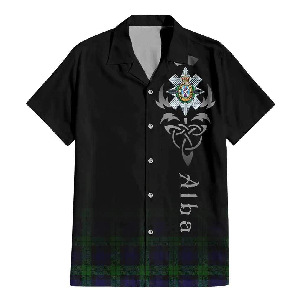 Black Watch Tartan Short Sleeve Button Up Shirt Featuring Alba Gu Brath Family Crest Celtic Inspired
