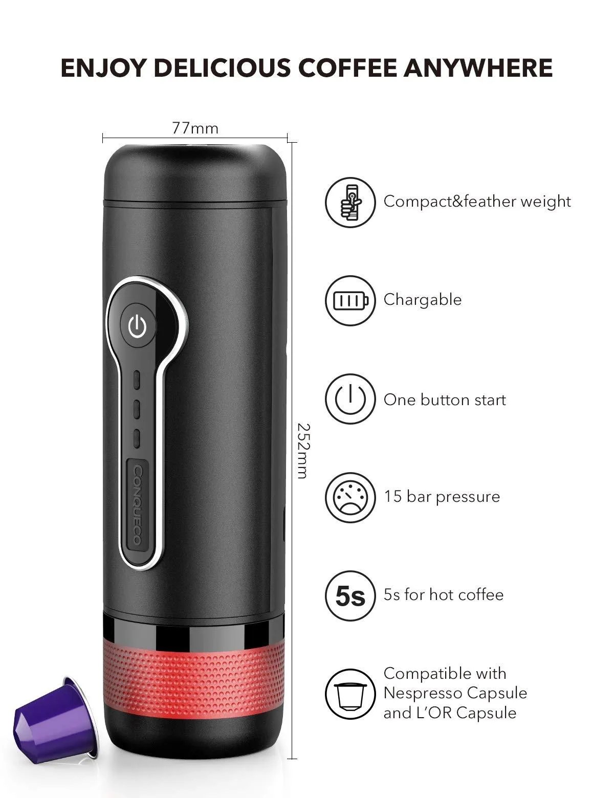 CONQUECO Portable Espresso Maker Travel Coffee Maker Portable Espresso Machine suit for Travel, outdoor, Home and Office