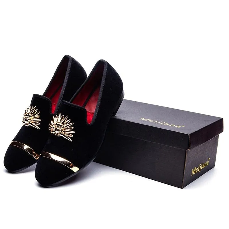 Gold Top Metal Toe Italian Men Velvet Dress Shoes