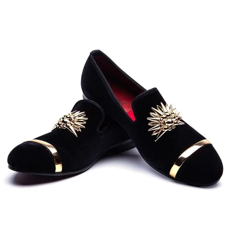 Gold Top Metal Toe Italian Men Velvet Dress Shoes