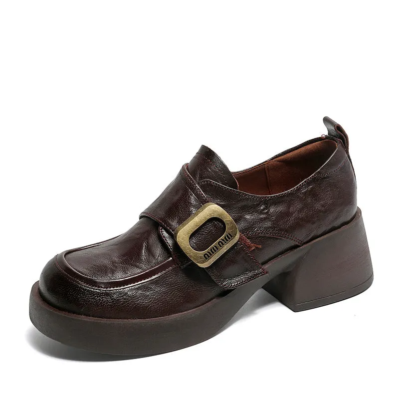 Women Retro Minimliast Leather Chunky Heel Loafers